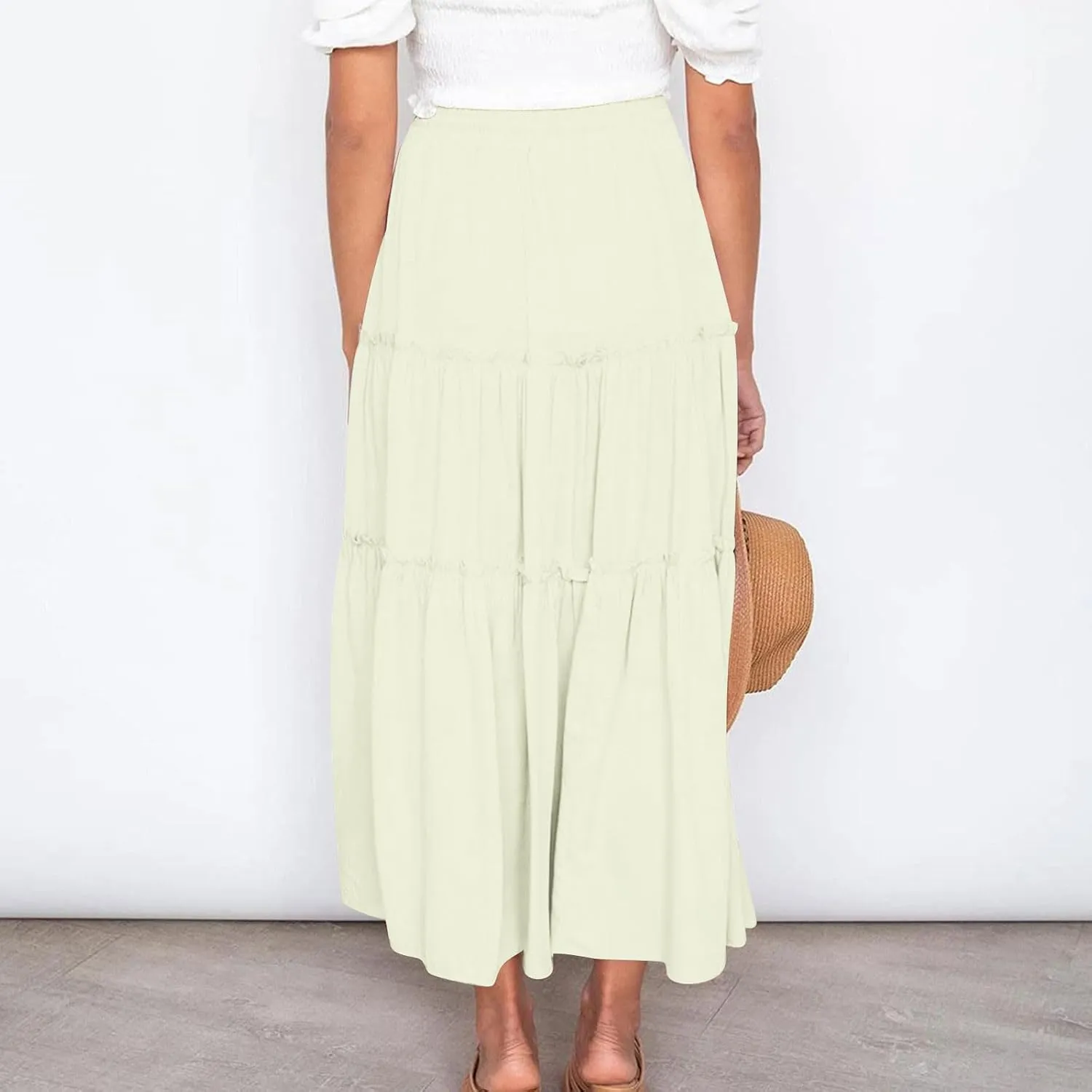 Women's 2024 Bohemian Skirt Casual Elastic High Waist Ruffle Tiered Long Skirt A Line Beach Dress Summer Skirts