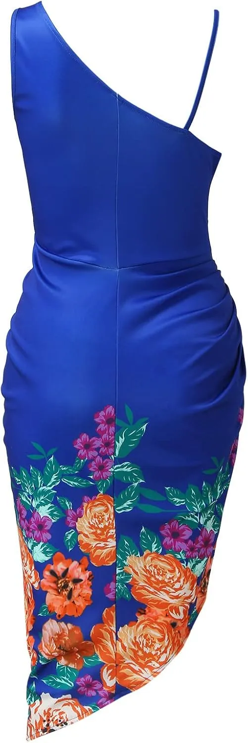 Women's 2024 One Shoulder Ruched Bodycon Dress Sexy Sequin Midi Dress Party Cocktail Dresses for Wedding Guest