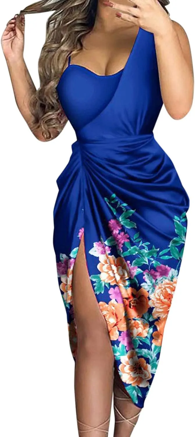 Women's 2024 One Shoulder Ruched Bodycon Dress Sexy Sequin Midi Dress Party Cocktail Dresses for Wedding Guest