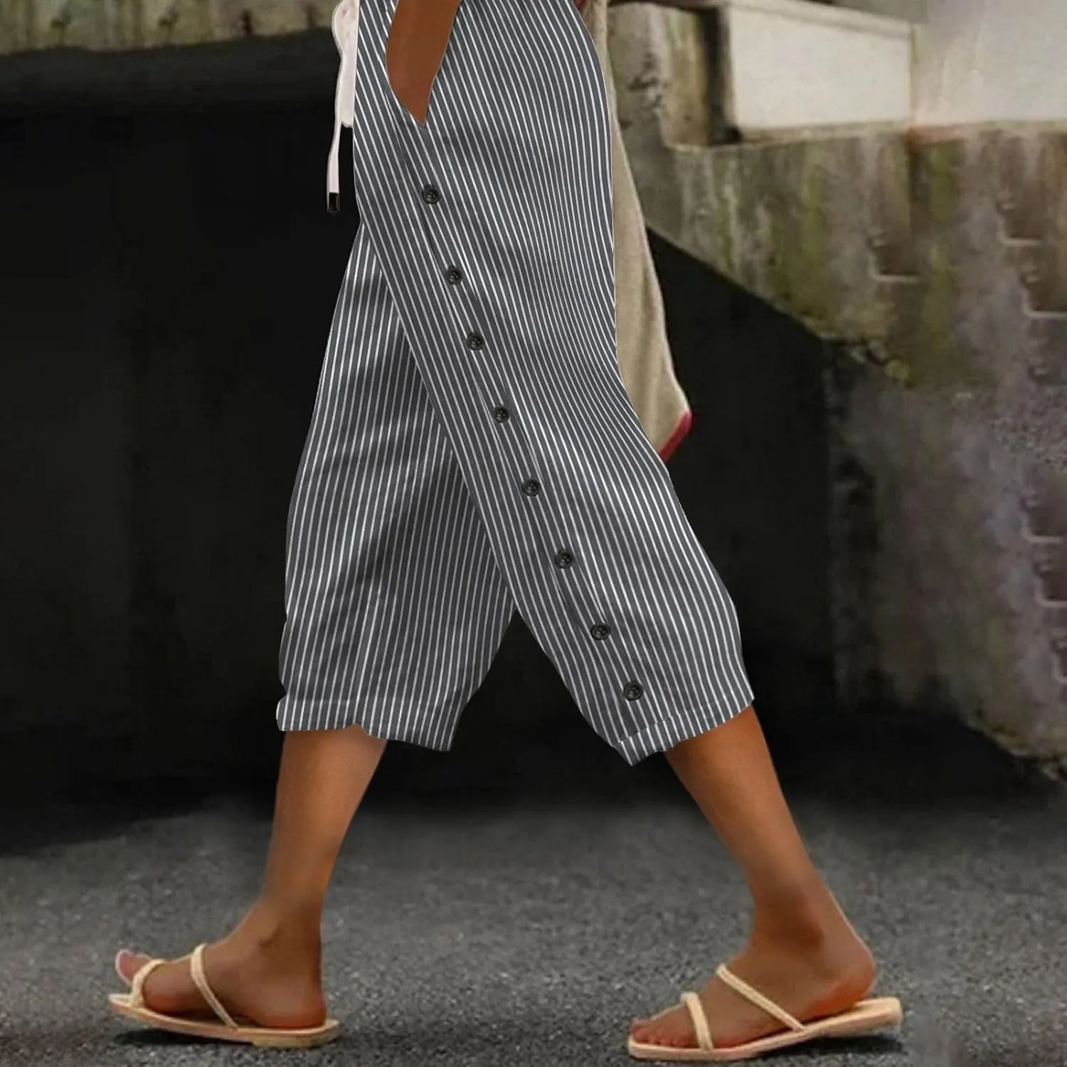 Women's 2025 Casual Pants Women's Striped Side Fashionable Loose Elastic Waist Straight Womens Cotton