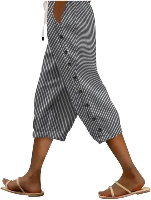 Women's 2025 Casual Pants Women's Striped Side Fashionable Loose Elastic Waist Straight Womens Cotton