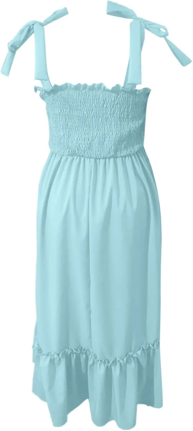 Women's 2025 Summer Boho Spaghetti Strap Dresses Square Neck Solid Color Ruffle A Line Beach Long Maxi Dress