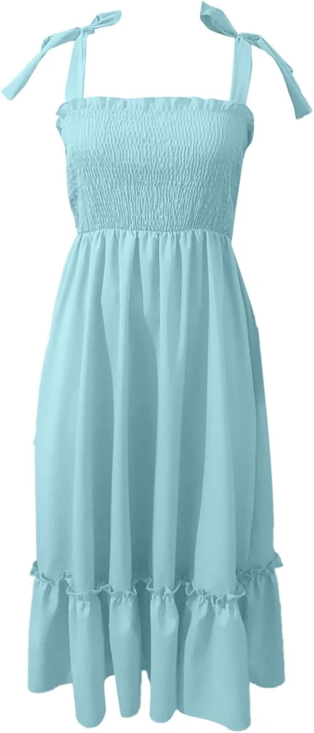Women's 2025 Summer Boho Spaghetti Strap Dresses Square Neck Solid Color Ruffle A Line Beach Long Maxi Dress