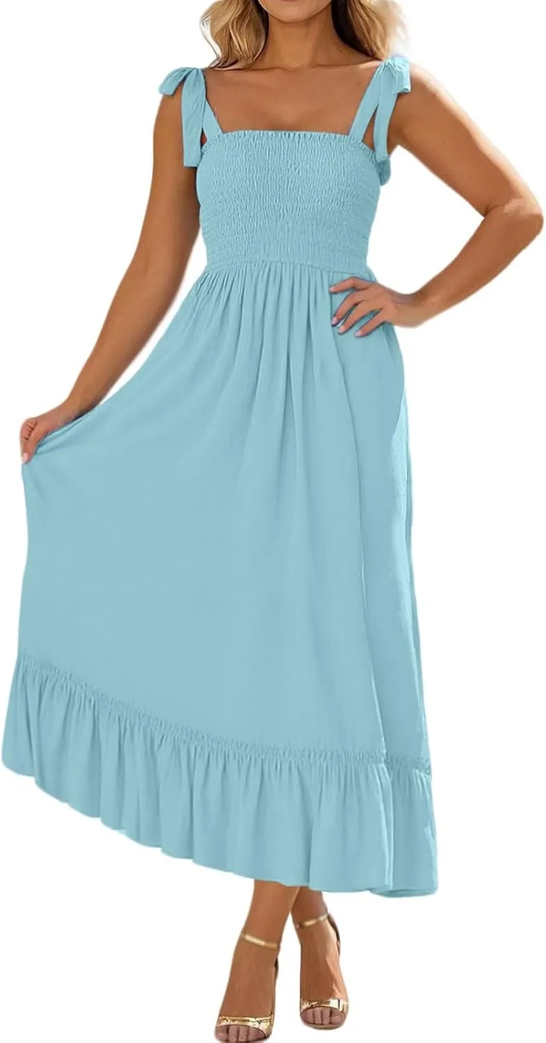 Women's 2025 Summer Boho Spaghetti Strap Dresses Square Neck Solid Color Ruffle A Line Beach Long Maxi Dress