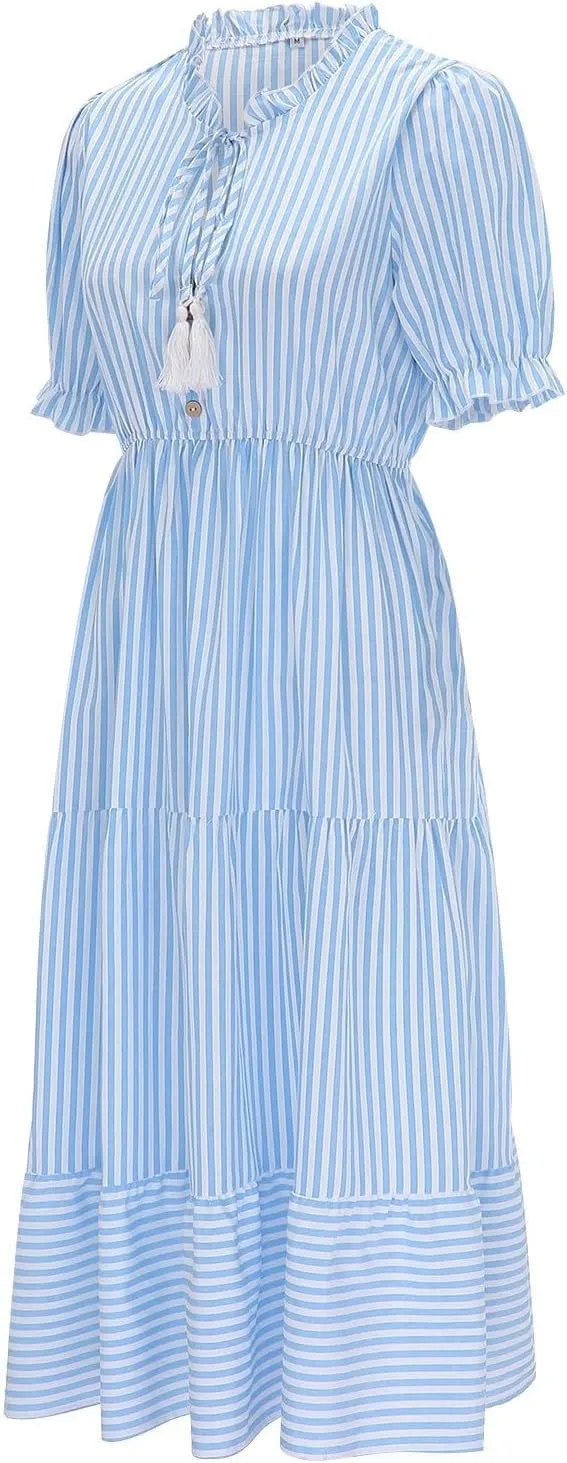 Womens 2025 Summer Puff Short Sleeve Maxi Dress Casual V Neck Strip Printed A Line Flowy Long Dresses