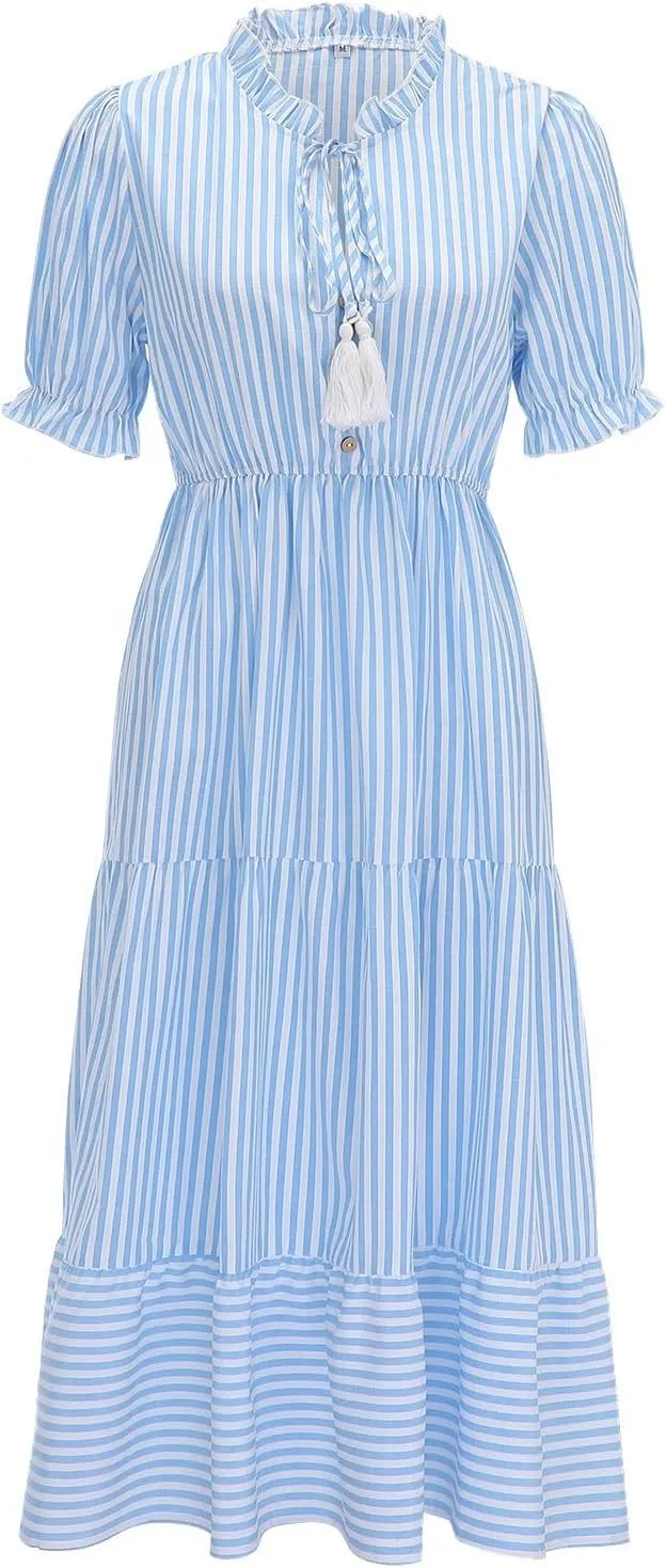 Womens 2025 Summer Puff Short Sleeve Maxi Dress Casual V Neck Strip Printed A Line Flowy Long Dresses