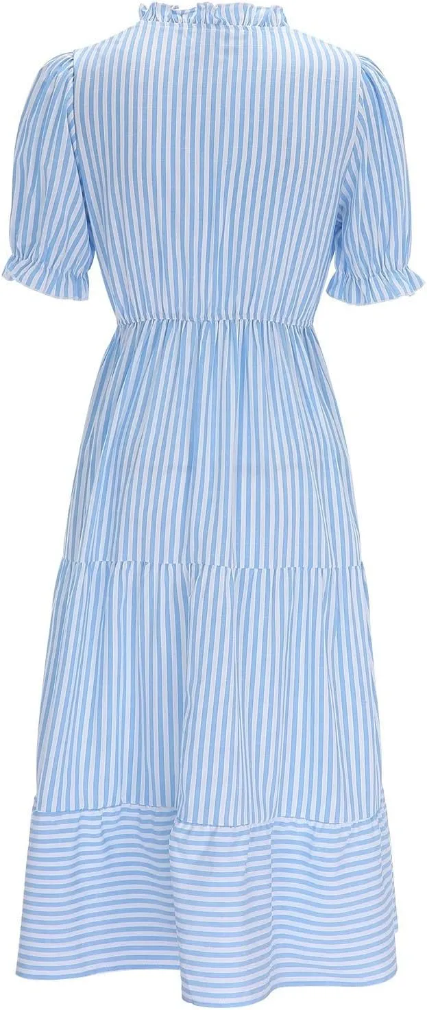 Womens 2025 Summer Puff Short Sleeve Maxi Dress Casual V Neck Strip Printed A Line Flowy Long Dresses