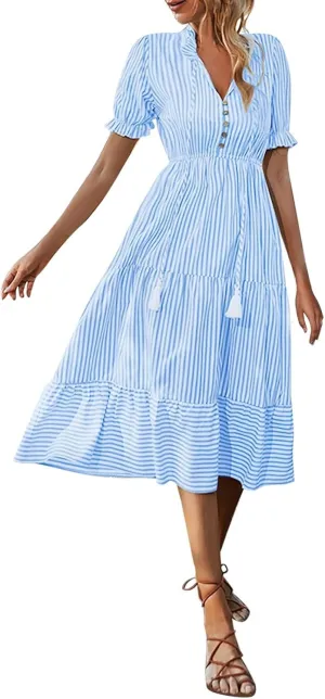 Womens 2025 Summer Puff Short Sleeve Maxi Dress Casual V Neck Strip Printed A Line Flowy Long Dresses