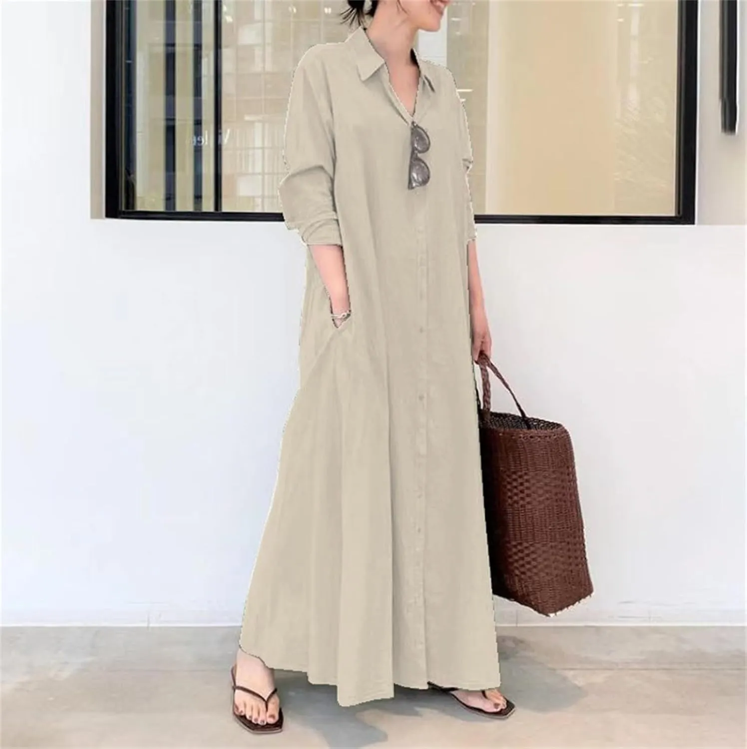 Women's Button Down Cotton Linen Shirt Dress with Pockets Cotton Linen Long Sleeve Casual Maxi Shirtdress Beach Dress