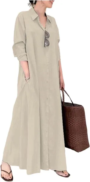 Women's Button Down Cotton Linen Shirt Dress with Pockets Cotton Linen Long Sleeve Casual Maxi Shirtdress Beach Dress