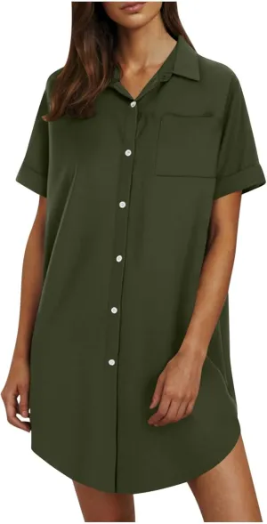 Womens Button Down Shirt Dress 2025 Summer Collared Short Sleeve Solid Color Mini Shift Dresses with Pocket