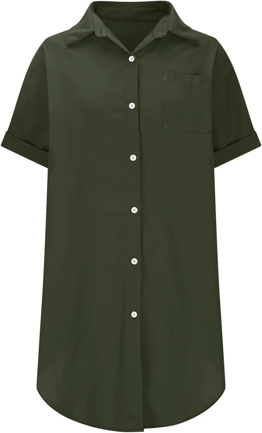 Womens Button Down Shirt Dress 2025 Summer Collared Short Sleeve Solid Color Mini Shift Dresses with Pocket