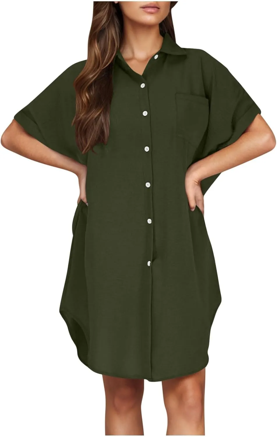 Womens Button Down Shirt Dress 2025 Summer Collared Short Sleeve Solid Color Mini Shift Dresses with Pocket