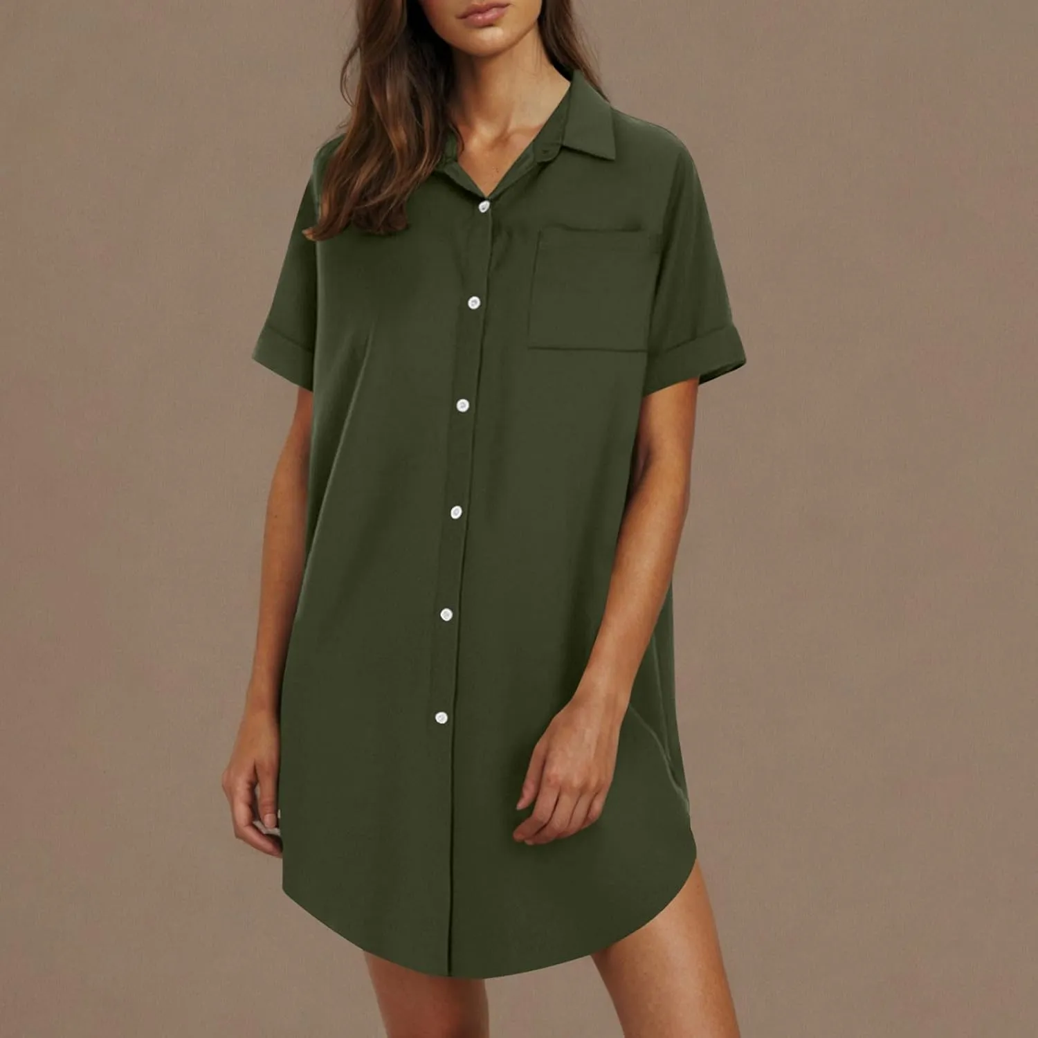 Womens Button Down Shirt Dress 2025 Summer Collared Short Sleeve Solid Color Mini Shift Dresses with Pocket