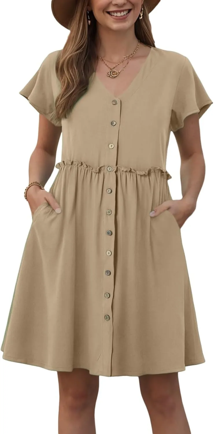 Womens Button Down Shirt Dress Summer Short Sleeve Business Casual Shift Dresses with Pockets 2025 Trendy