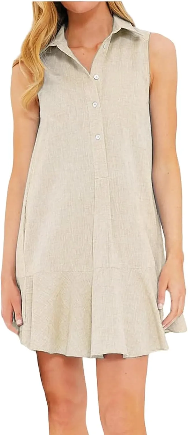 Women's Button Down Shirt Dress Summer Sleeveless Collared Casual A-Line Mini Dress Comfy Beach Flowy Short Sundresses