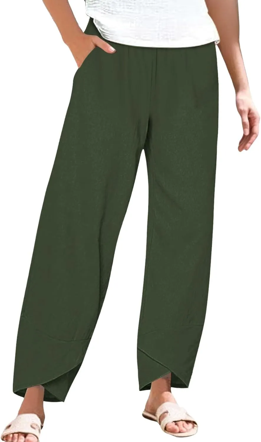 Women's Capri Pants Casual Cotton Linen Cropped Lounge Pants Trousers Pockets Elastic Waist Capris Pant for Women