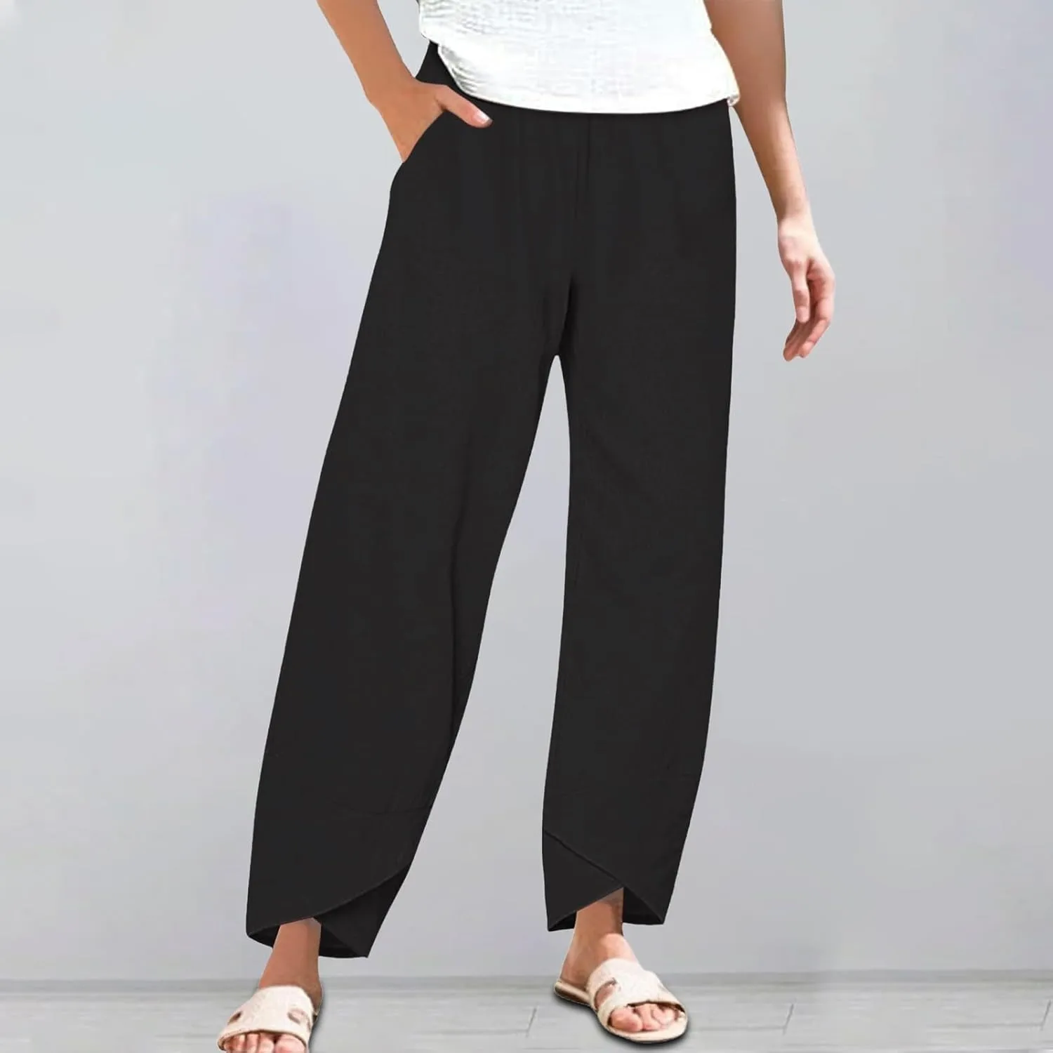 Women's Capri Pants Casual Cotton Linen Cropped Lounge Pants Trousers Pockets Elastic Waist Capris Pant for Women