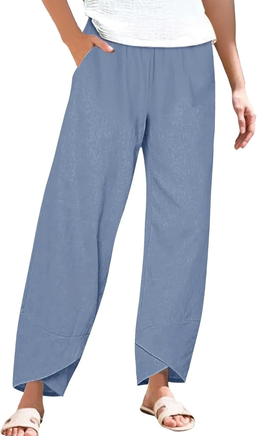 Women's Capri Pants Casual Cotton Linen Cropped Lounge Pants Trousers Pockets Elastic Waist Capris Pant for Women