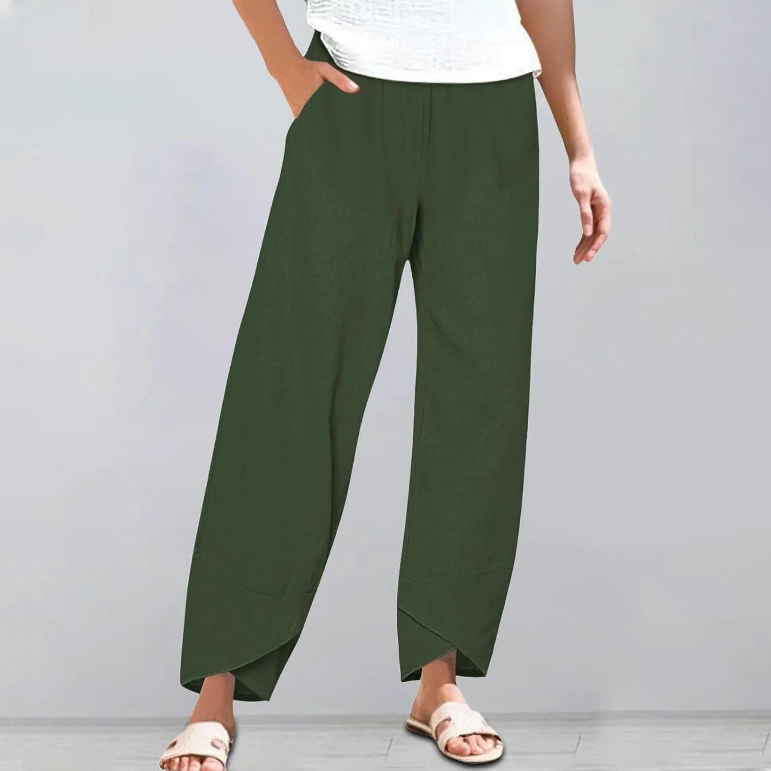 Women's Capri Pants Casual Cotton Linen Cropped Lounge Pants Trousers Pockets Elastic Waist Capris Pant for Women