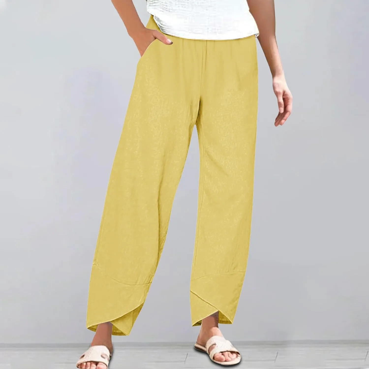 Women's Capri Pants Casual Cotton Linen Cropped Lounge Pants Trousers Pockets Elastic Waist Capris Pant for Women