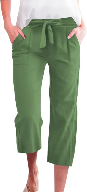 Womens Capri Pants Linen Cotton Straight Wide Leg Elastic Weight Trouser 2025 Casual Drawstring Pocket Pant