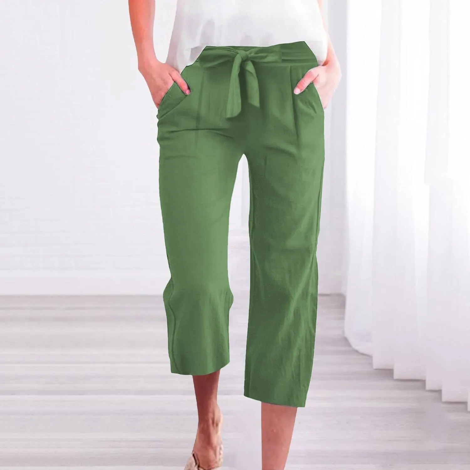 Womens Capri Pants Linen Cotton Straight Wide Leg Elastic Weight Trouser 2025 Casual Drawstring Pocket Pant