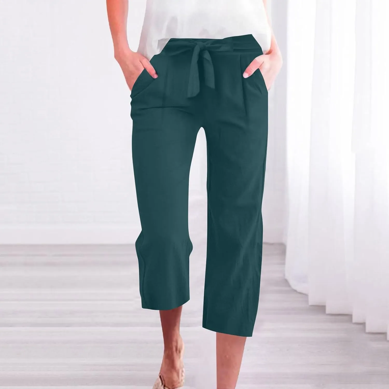 Womens Capri Pants Linen Cotton Straight Wide Leg Elastic Weight Trouser 2025 Casual Drawstring Pocket Pant