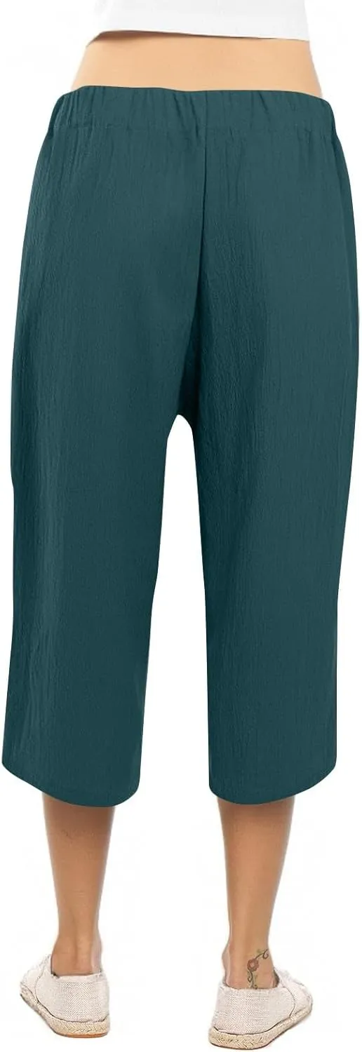Womens Capri Pants Linen Cotton Straight Wide Leg Elastic Weight Trouser 2025 Casual Drawstring Pocket Pant