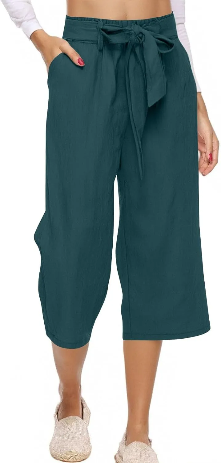 Womens Capri Pants Linen Cotton Straight Wide Leg Elastic Weight Trouser 2025 Casual Drawstring Pocket Pant