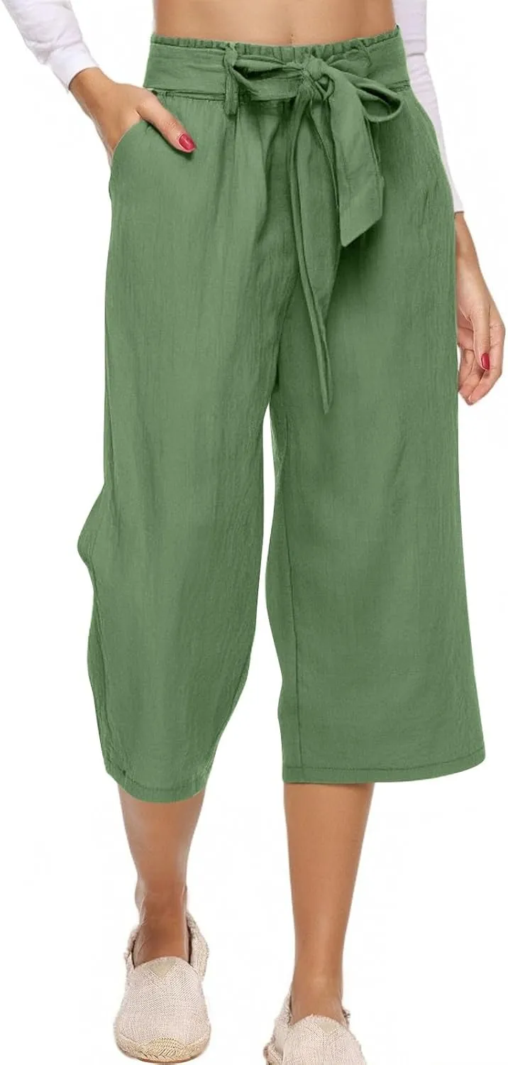 Womens Capri Pants Linen Cotton Straight Wide Leg Elastic Weight Trouser 2025 Casual Drawstring Pocket Pant