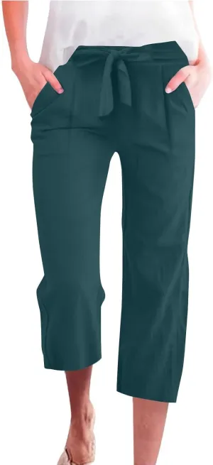 Womens Capri Pants Linen Cotton Straight Wide Leg Elastic Weight Trouser 2025 Casual Drawstring Pocket Pant