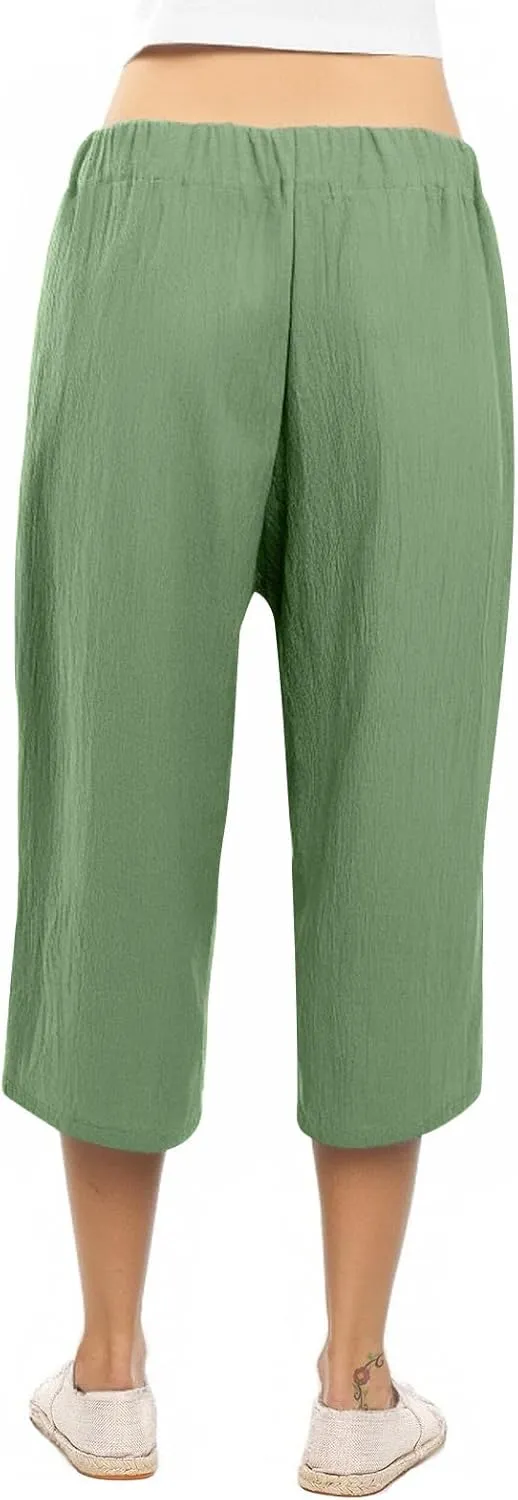 Womens Capri Pants Linen Cotton Straight Wide Leg Elastic Weight Trouser 2025 Casual Drawstring Pocket Pant