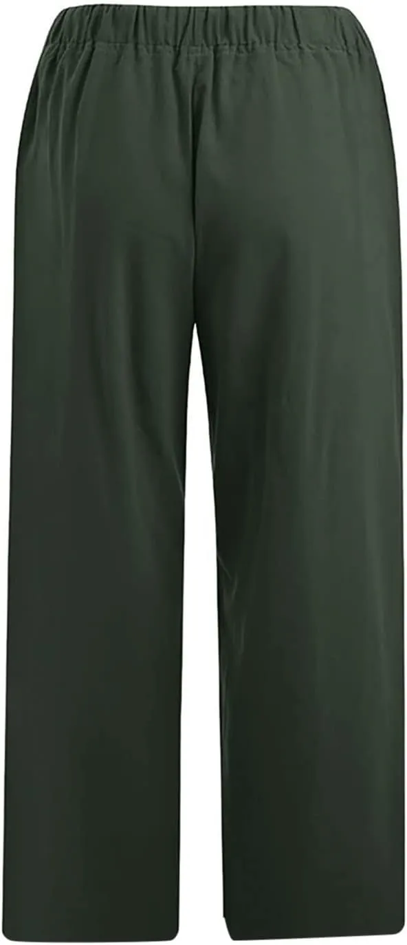 Womens Capris Casual Loose Drawstring Elastic Waist Linen Pants Beach Wear Trendy Summer Lounge Cropped Trouser 2025