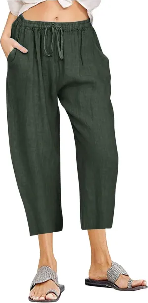 Womens Capris Casual Loose Drawstring Elastic Waist Linen Pants Beach Wear Trendy Summer Lounge Cropped Trouser 2025
