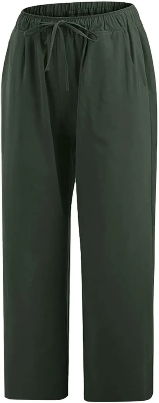 Womens Capris Casual Loose Drawstring Elastic Waist Linen Pants Beach Wear Trendy Summer Lounge Cropped Trouser 2025