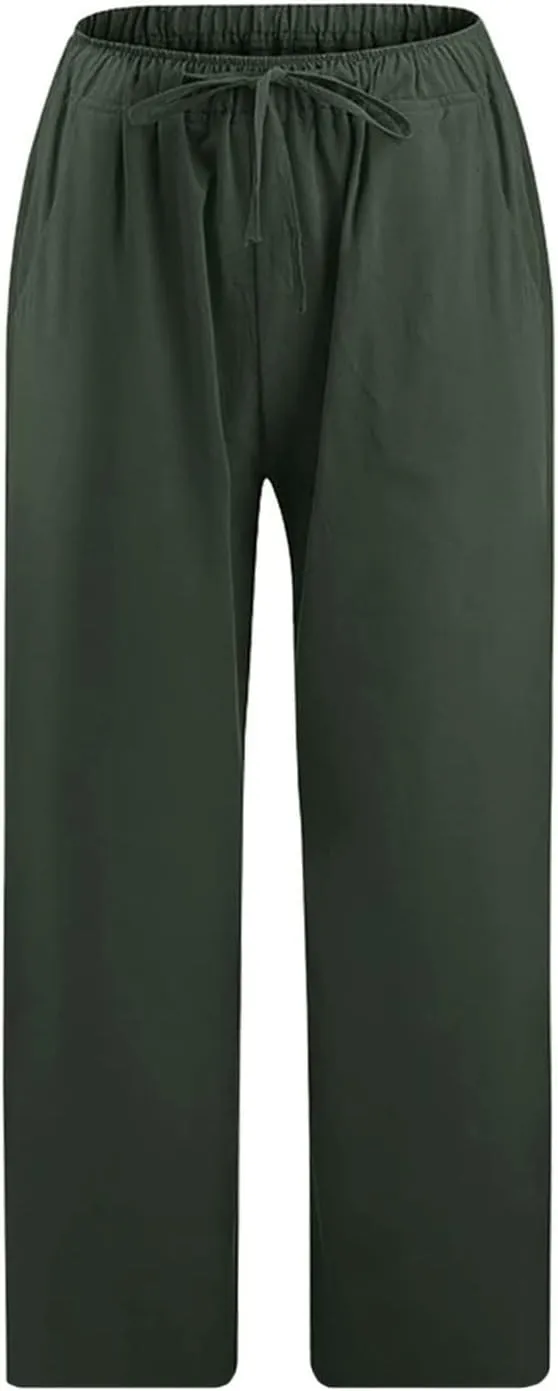 Womens Capris Casual Loose Drawstring Elastic Waist Linen Pants Beach Wear Trendy Summer Lounge Cropped Trouser 2025