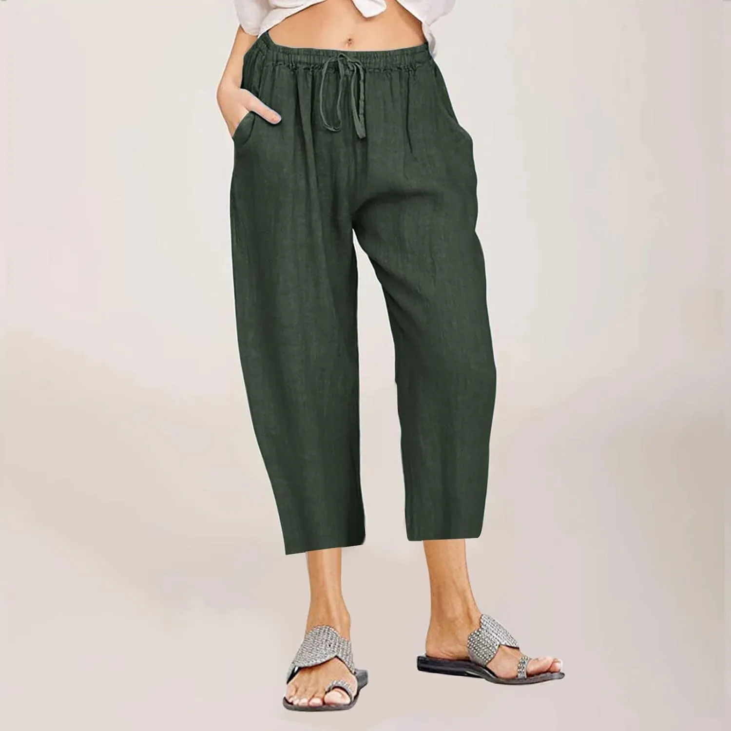 Womens Capris Casual Loose Drawstring Elastic Waist Linen Pants Beach Wear Trendy Summer Lounge Cropped Trouser 2025