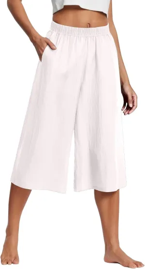 Womens Capris Summer Linen Cotton Wide Leg Elastic Waisted Cropped Trouser 2025 Casual Vacation Pants with Pocket