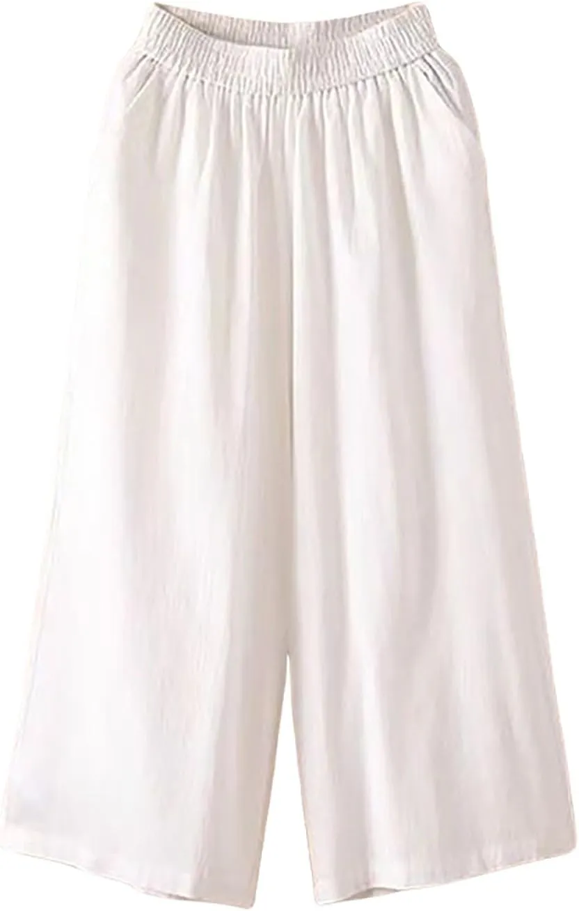 Womens Capris Summer Linen Cotton Wide Leg Elastic Waisted Cropped Trouser 2025 Casual Vacation Pants with Pocket