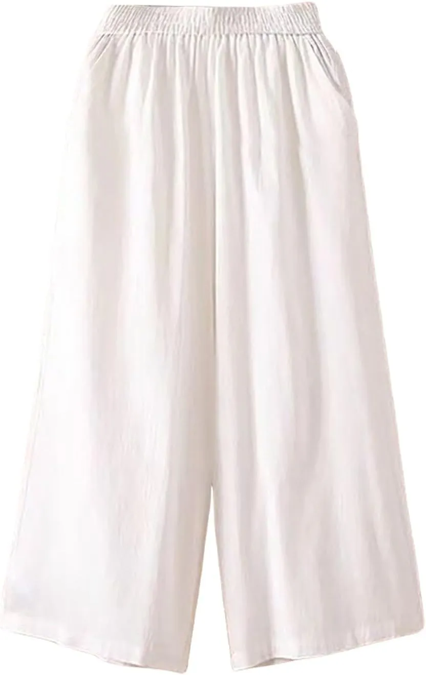 Womens Capris Summer Linen Cotton Wide Leg Elastic Waisted Cropped Trouser 2025 Casual Vacation Pants with Pocket