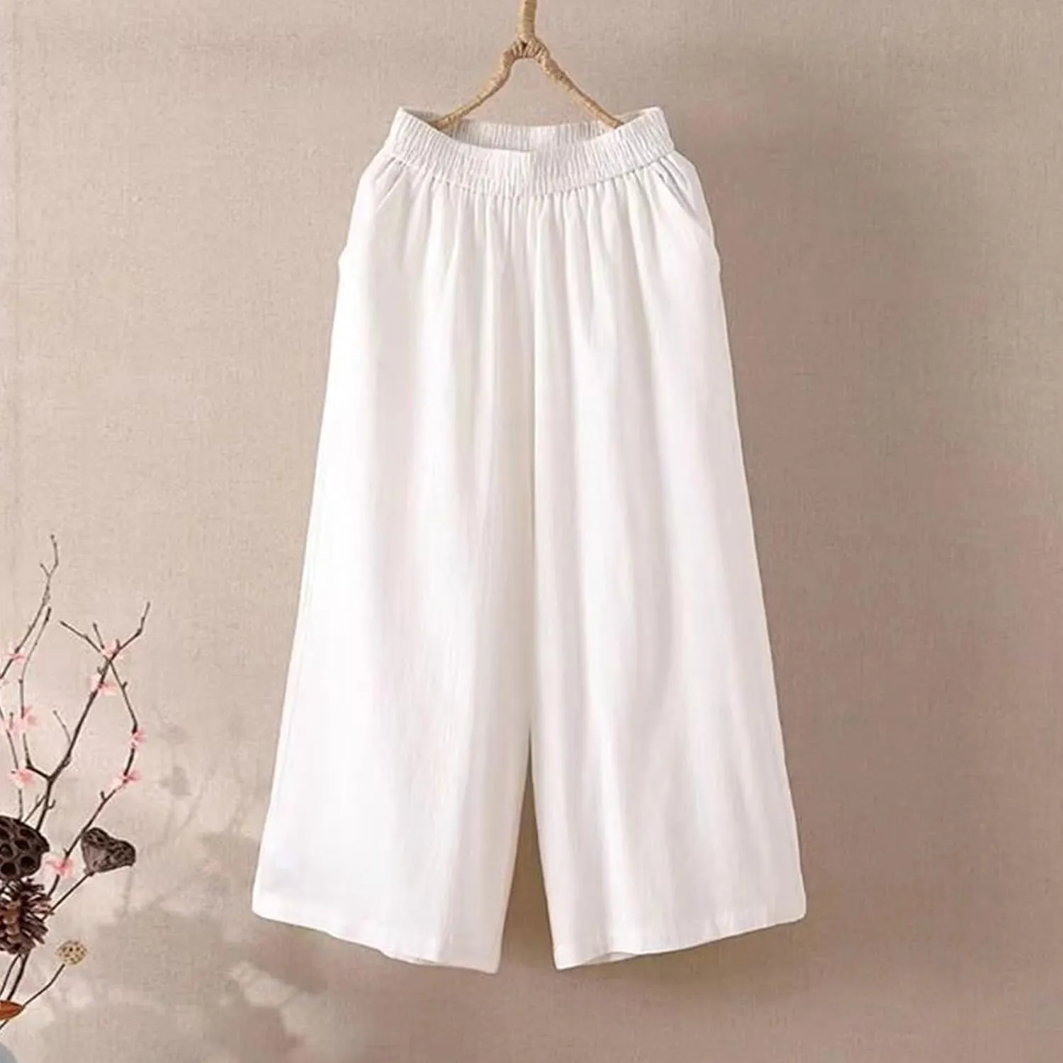Womens Capris Summer Linen Cotton Wide Leg Elastic Waisted Cropped Trouser 2025 Casual Vacation Pants with Pocket