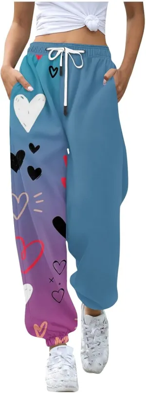 WomenS Casual Baggy Fleece Sweatpants High Waisted Joggers Jogger Heart Print Active High Waisted Sweat Pants