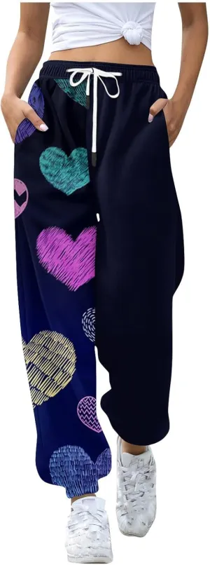WomenS Casual Baggy Fleece Sweatpants High Waisted Joggers Jogger Heart Print Active High Waisted Sweat Pants