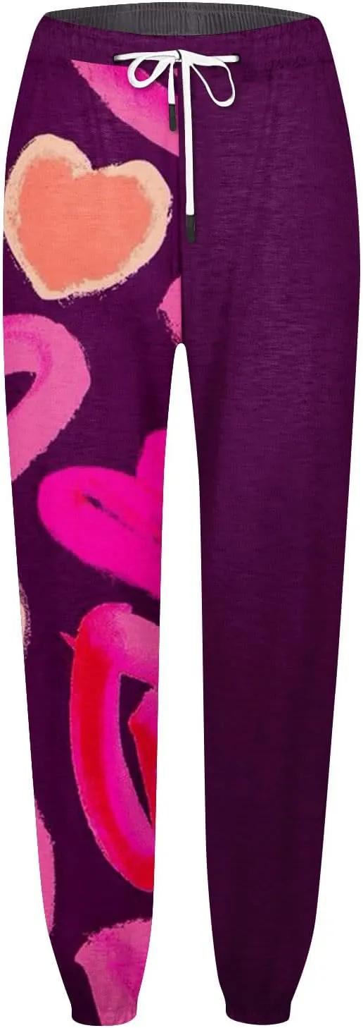 WomenS Casual Baggy Fleece Sweatpants High Waisted Joggers Jogger Heart Print Active High Waisted Sweat Pants