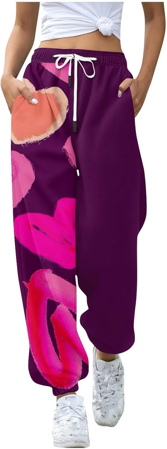 WomenS Casual Baggy Fleece Sweatpants High Waisted Joggers Jogger Heart Print Active High Waisted Sweat Pants