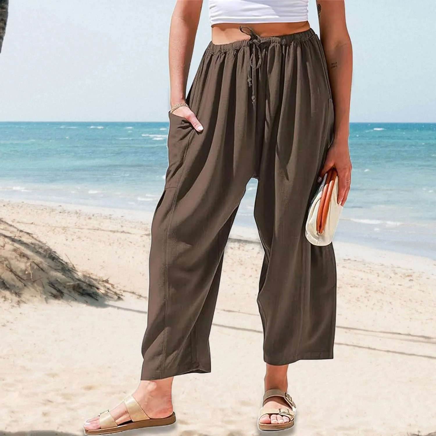 Womens Casual Drawstring Elastic Waist Comfy Cotton Linen Pants Summer Loose Ankle Length Slacks Beach with Pockets