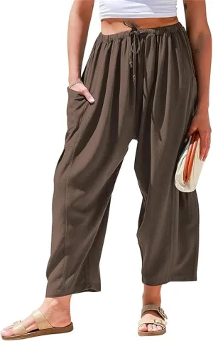 Womens Casual Drawstring Elastic Waist Comfy Cotton Linen Pants Summer Loose Ankle Length Slacks Beach with Pockets