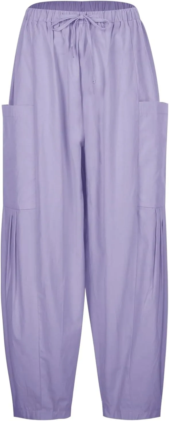 Womens Casual Drawstring Elastic Waist Comfy Cotton Linen Pants Summer Loose Ankle Length Slacks Beach with Pockets