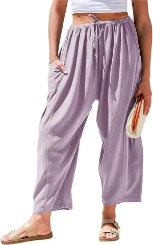 Womens Casual Drawstring Elastic Waist Comfy Cotton Linen Pants Summer Loose Ankle Length Slacks Beach with Pockets